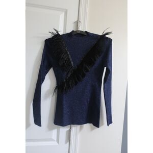 Navy Shimmer Ribbed Knit Sweater Feather Fringe Women Small Pristine Condition